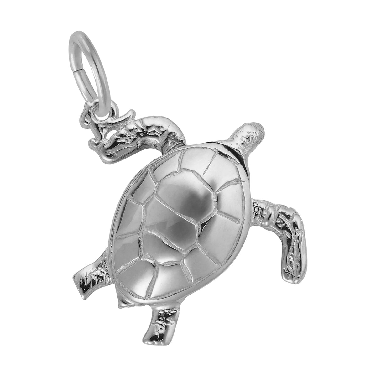 Silver turtle charm with detailed shell, shown on a white background