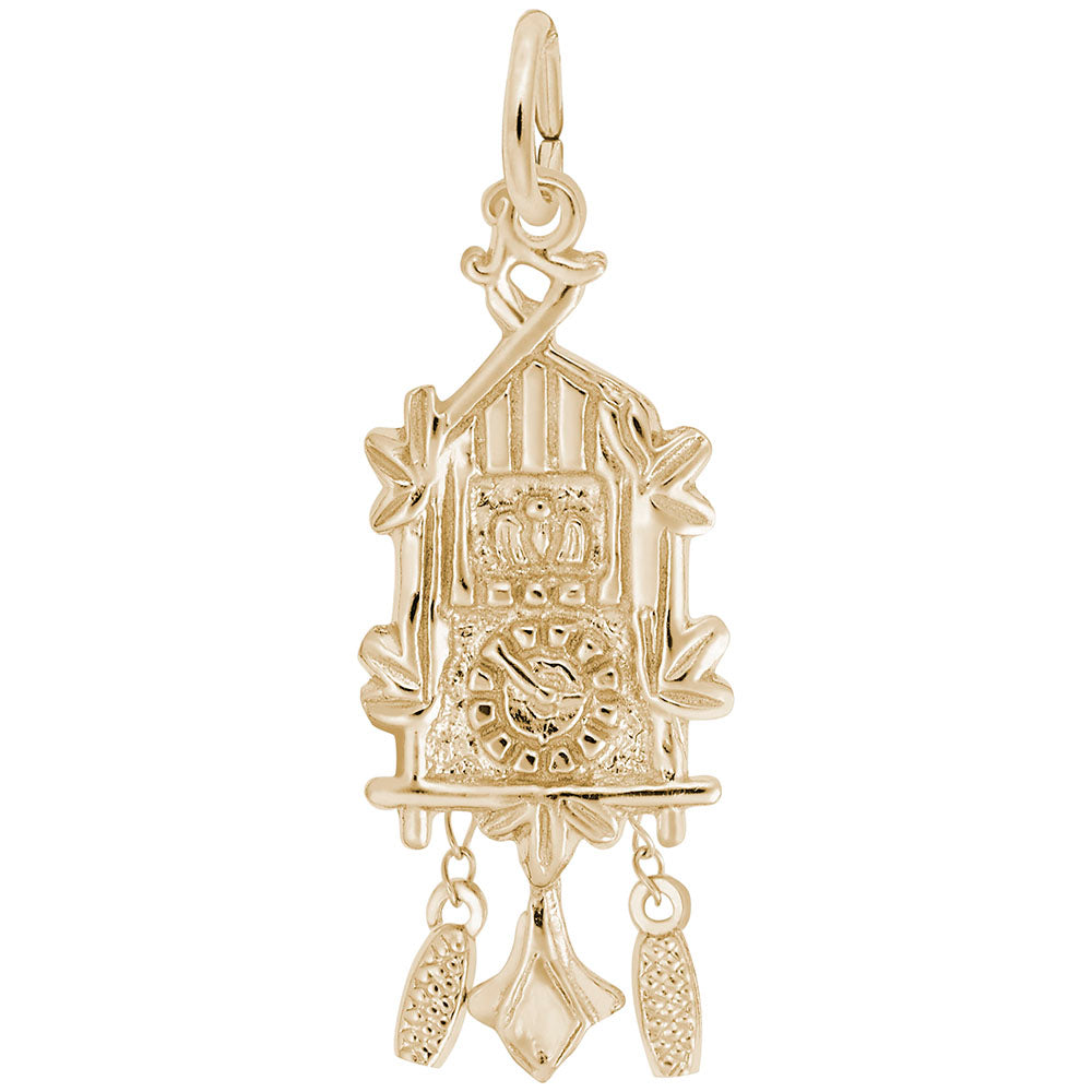 Gold cuckoo clock charm with pinecone dangles, shown on a white background