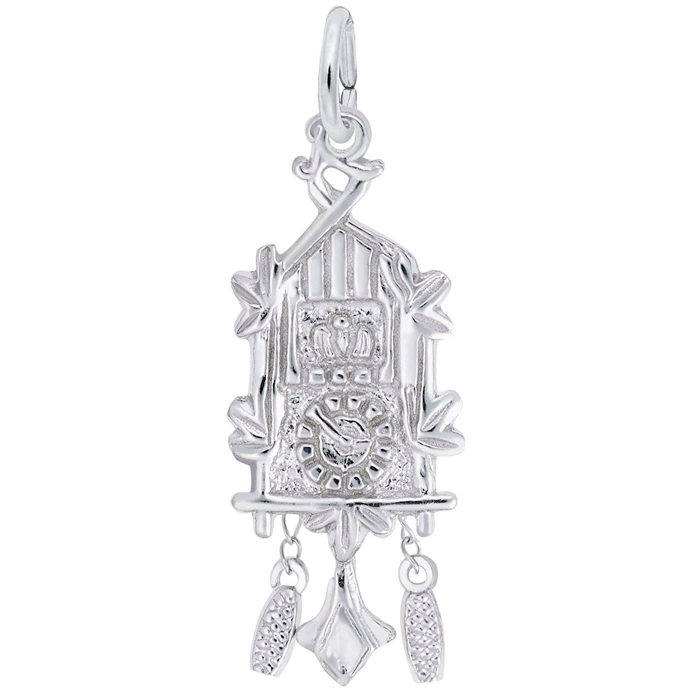 Silver cuckoo clock charm with pinecone dangles, shown on a white background