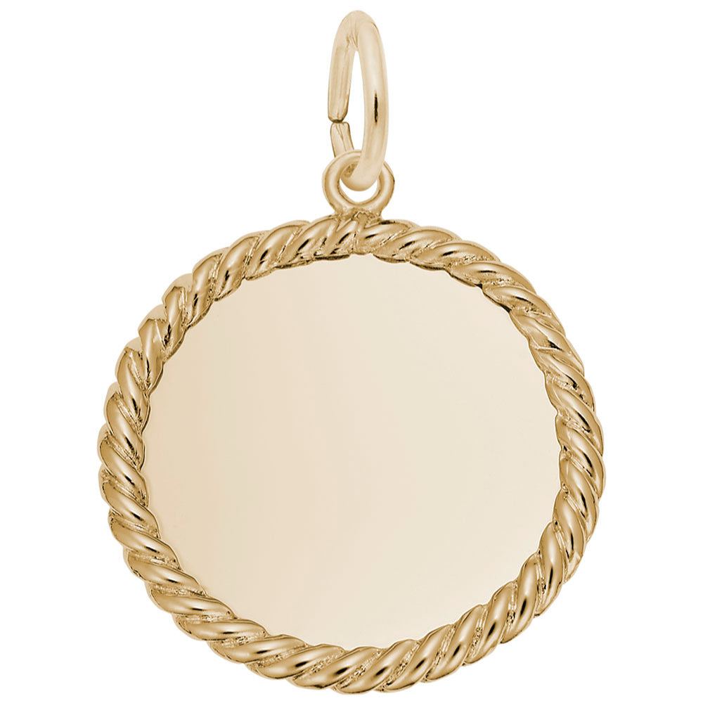 Gold disc charm with a rope background, shown on a white background