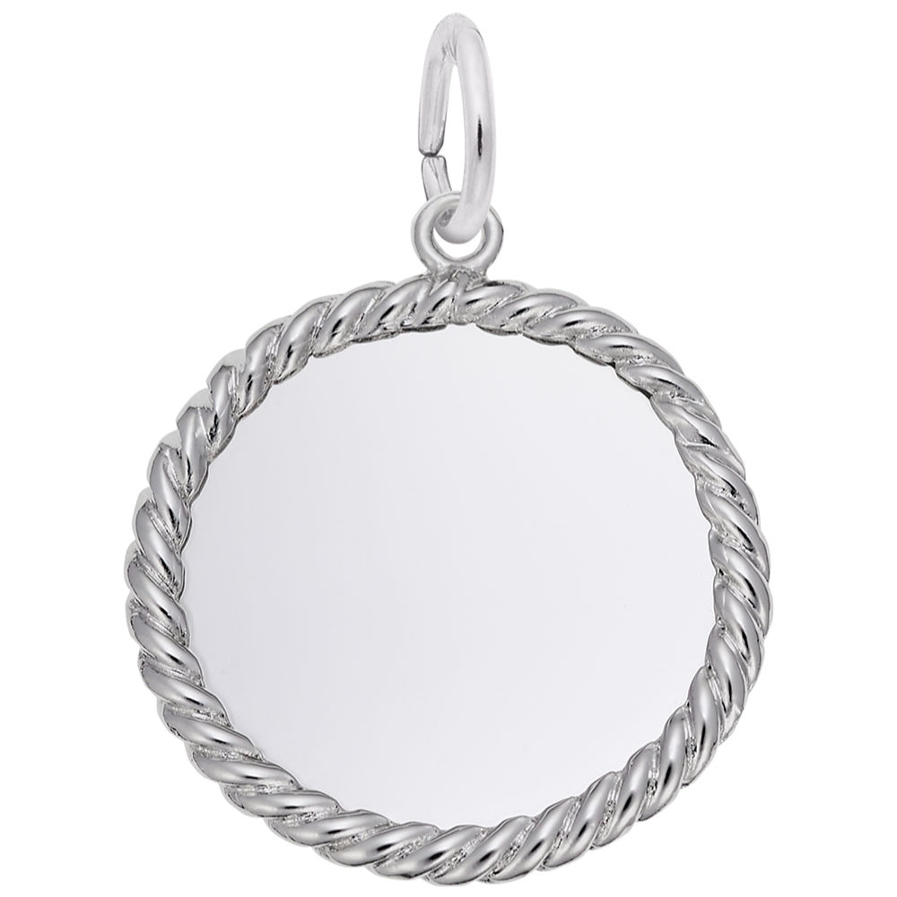 Silver tone disc charm with a rope background, shown on a white background