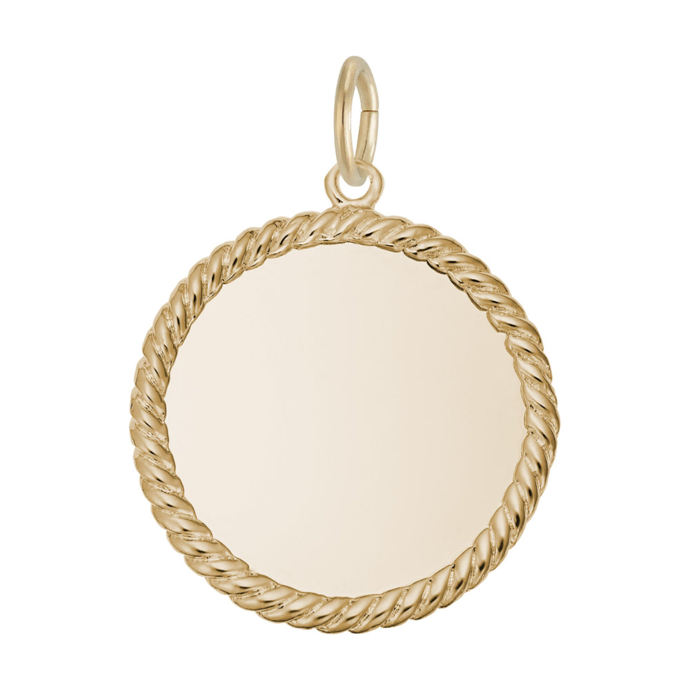 A gold disc charm with rope edge, shown on a white background