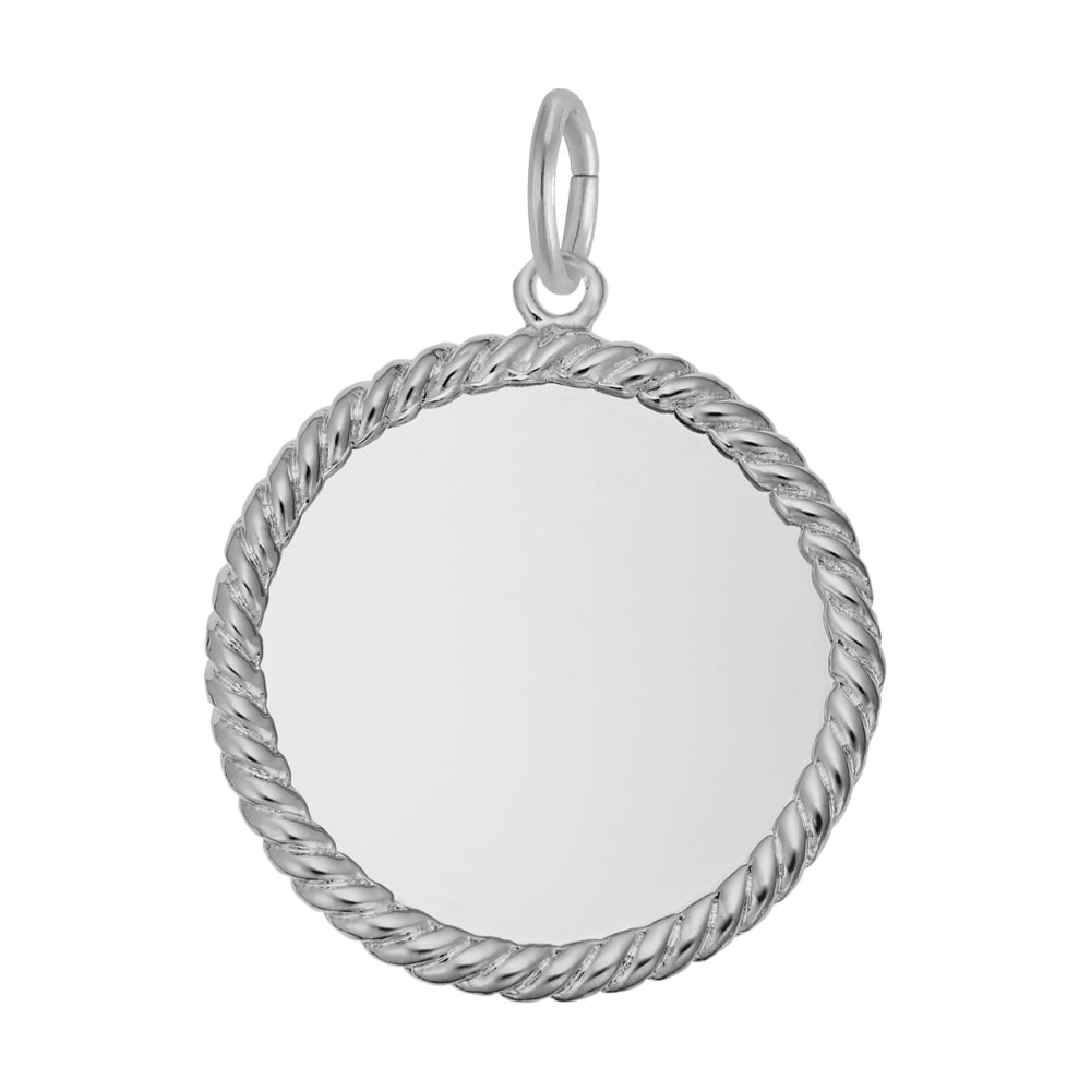 A silver disc charm with rope edge, shown on a white background