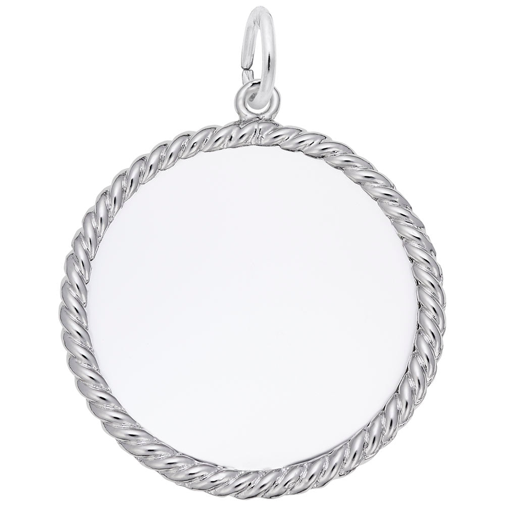 Silver charm with rope border, shown on a white background
