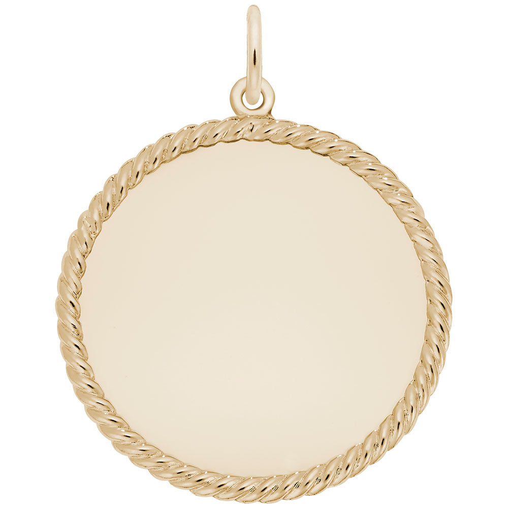 Gold disc charm with rope edge on a white background