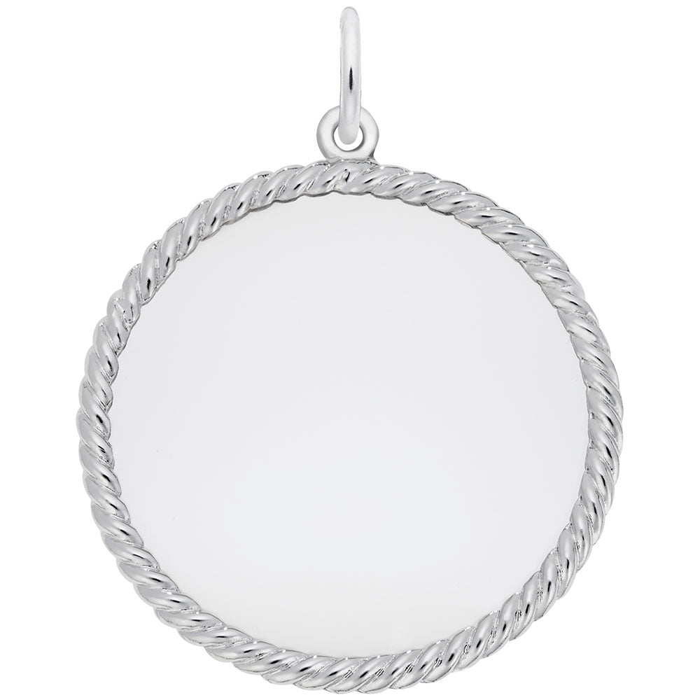 Silver disc charm with rope edge on a white background