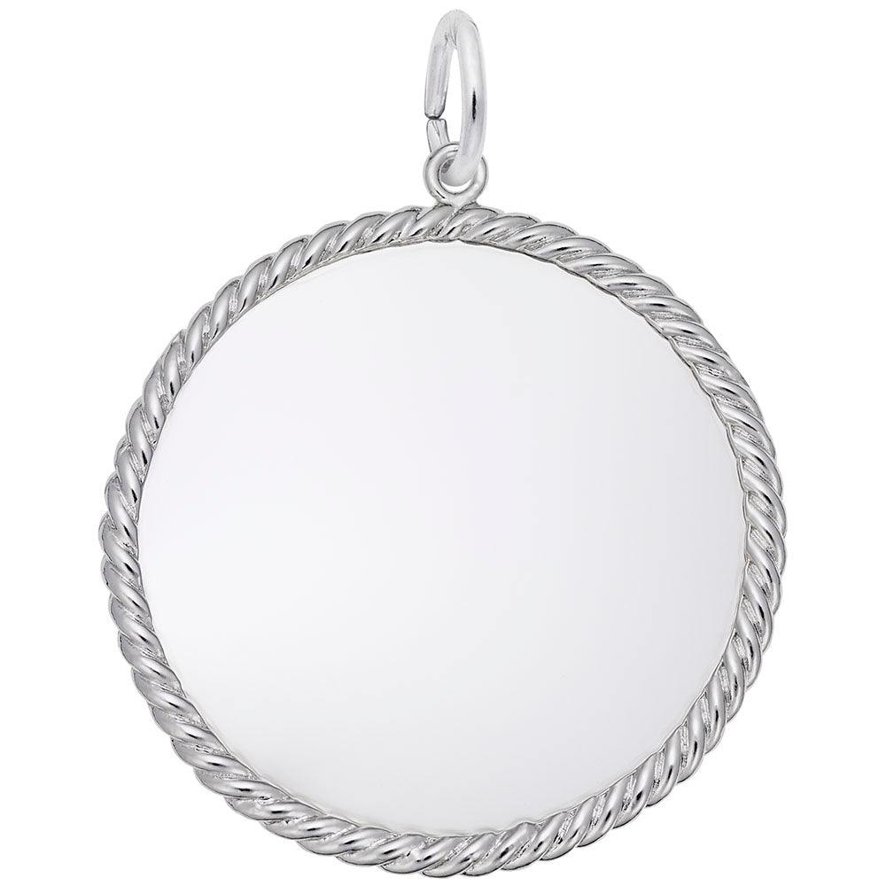 Silver disc charm with rope edging, shown on a white background