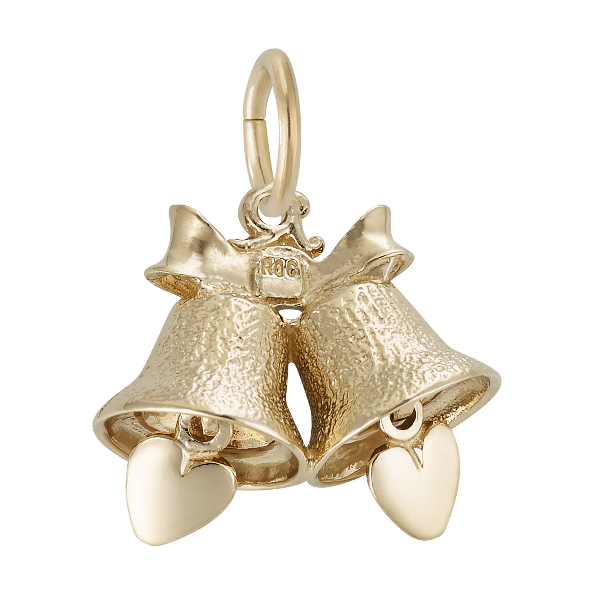 Back of gold bell-shaped charm with moving heart shaped clappers and ribbon design, shown on a white background