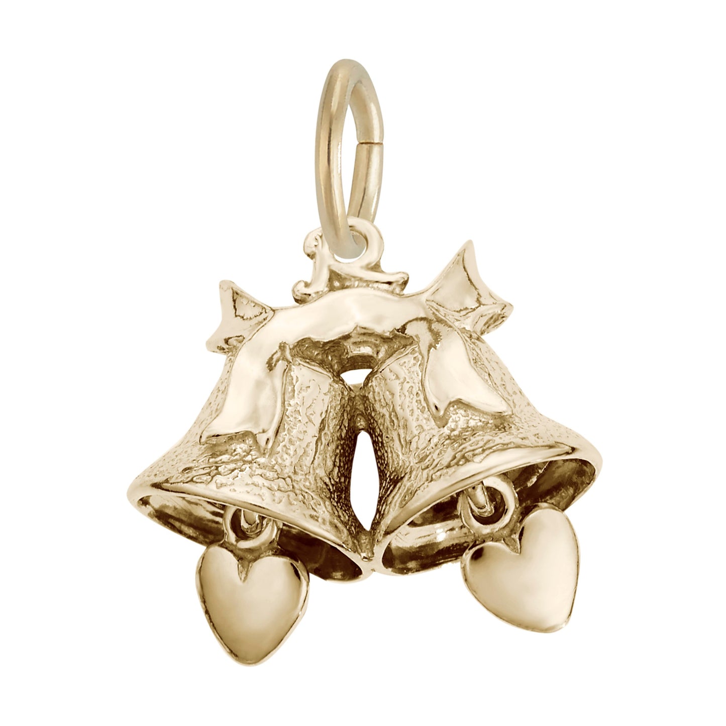 Gold bell-shaped charm with moving heart shaped clappers and ribbon design, shown on a white background