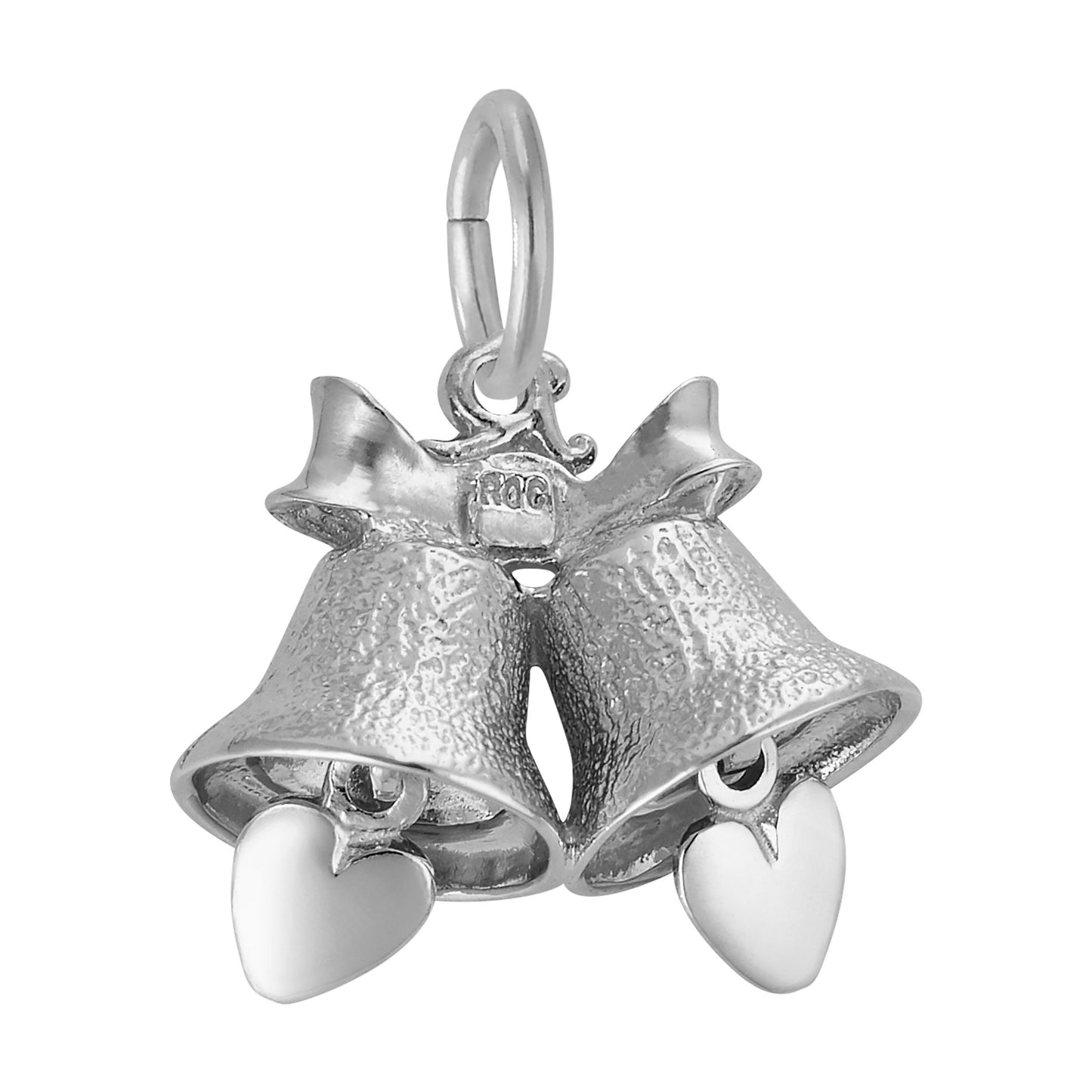 Back of silver bell-shaped charm with moving heart shaped clappers and ribbon design, shown on a white background