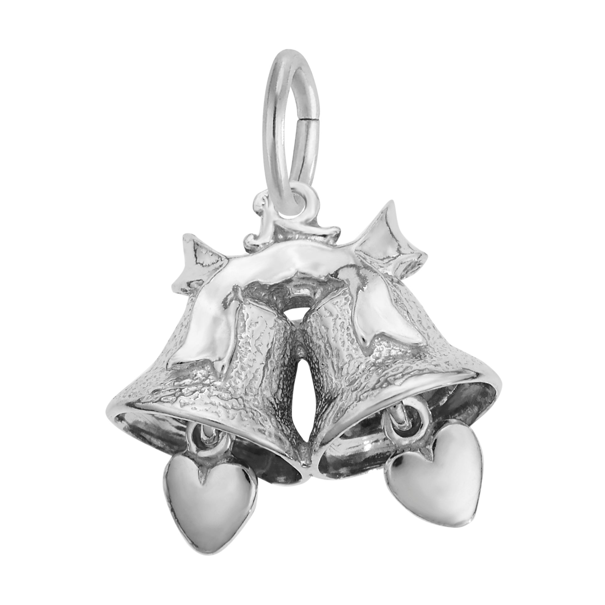 Silver bell-shaped charm with moving heart shaped clappers and ribbon design, shown on a white background