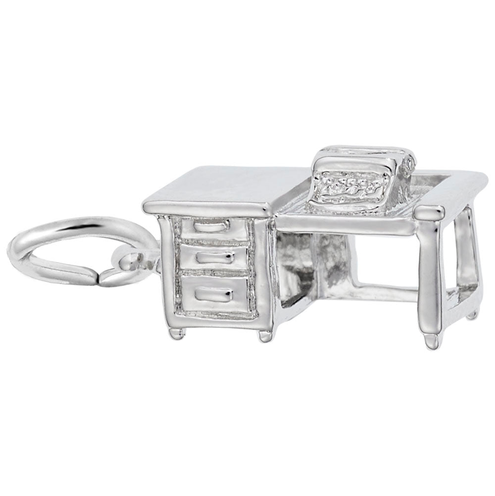 Silver desk and typewriter charm, shown on a white background
