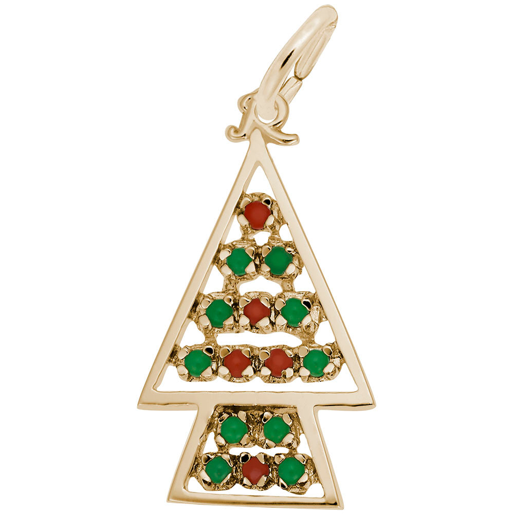 Yellow Christmas tree pendant with green and red beads on a white background