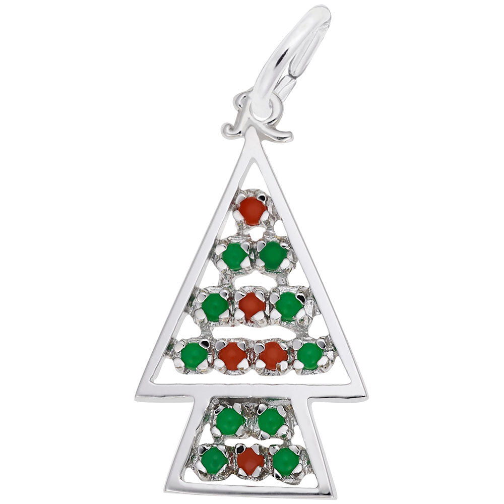 Silver Christmas tree pendant with green and red beads on a white background