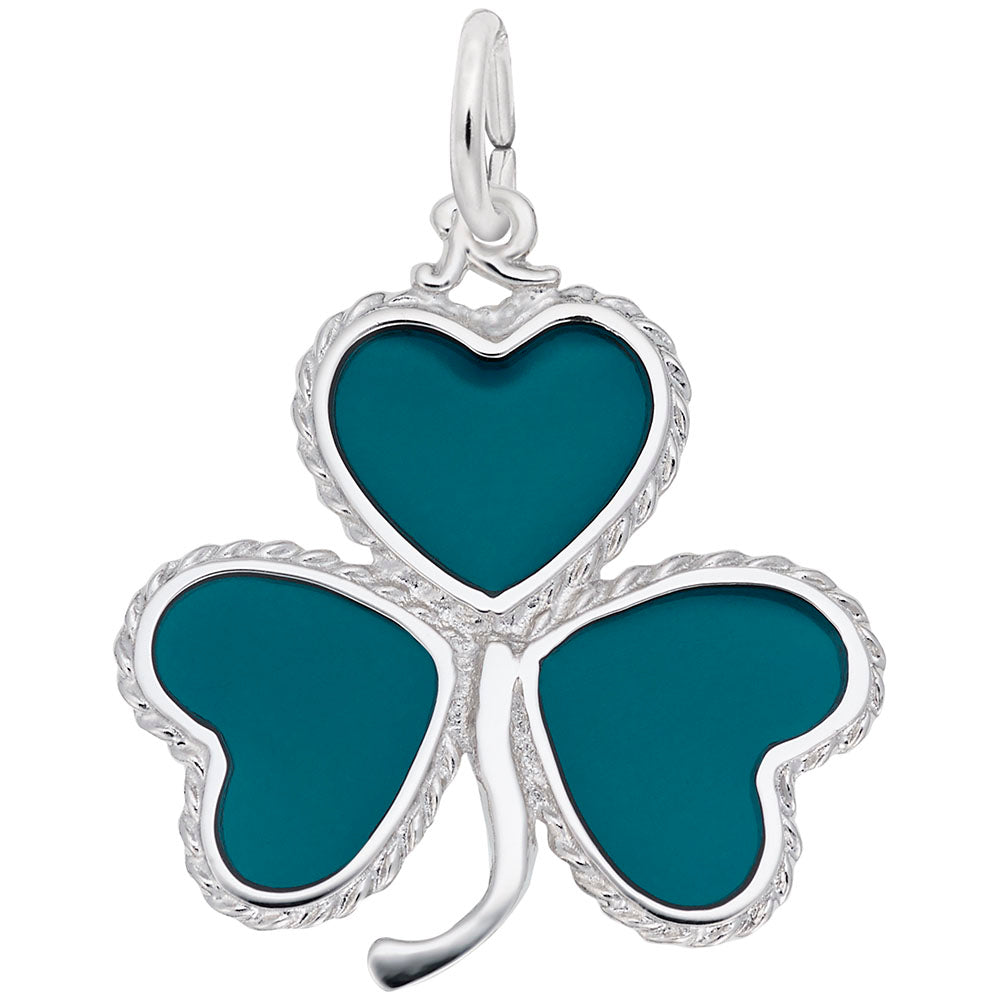 Green shamrock charm with silver outline on a white background