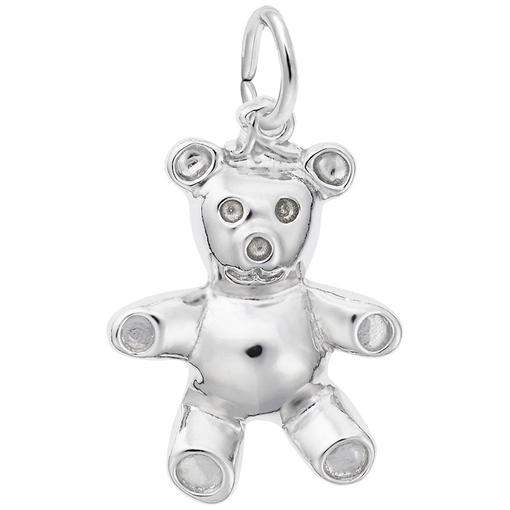 Silver teddy bear charm on a white background