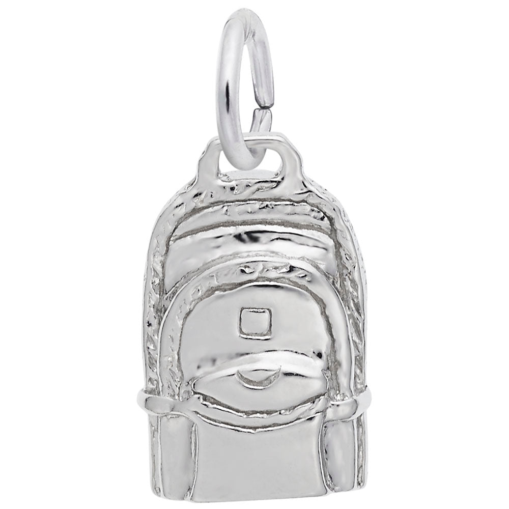Silver backpack charm on a white background