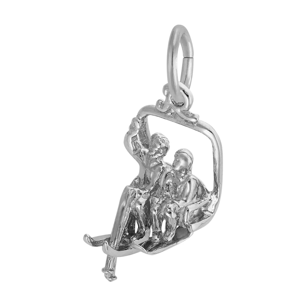 A sterling silver charm in the shape of a swing seat with two children sitting inside, shown on a plain white background.