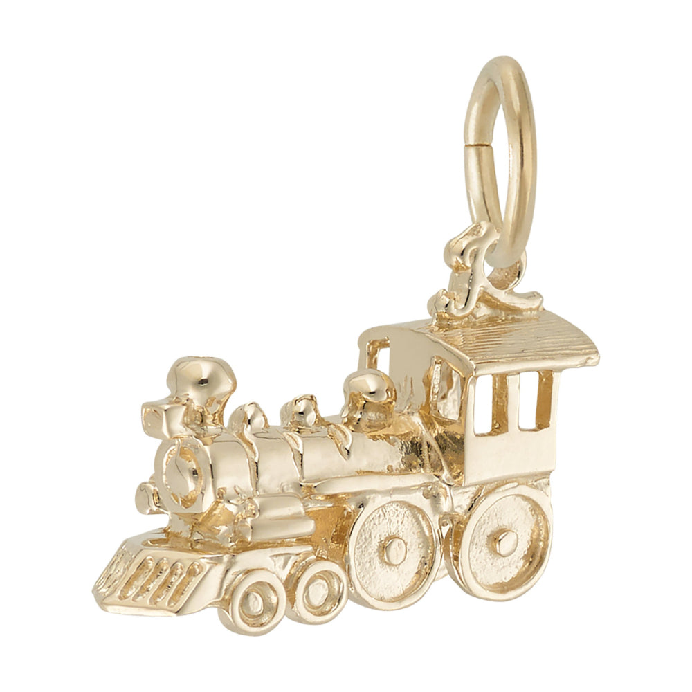 3/4 view of gold steam locomotive shaped charm, shown on a white background