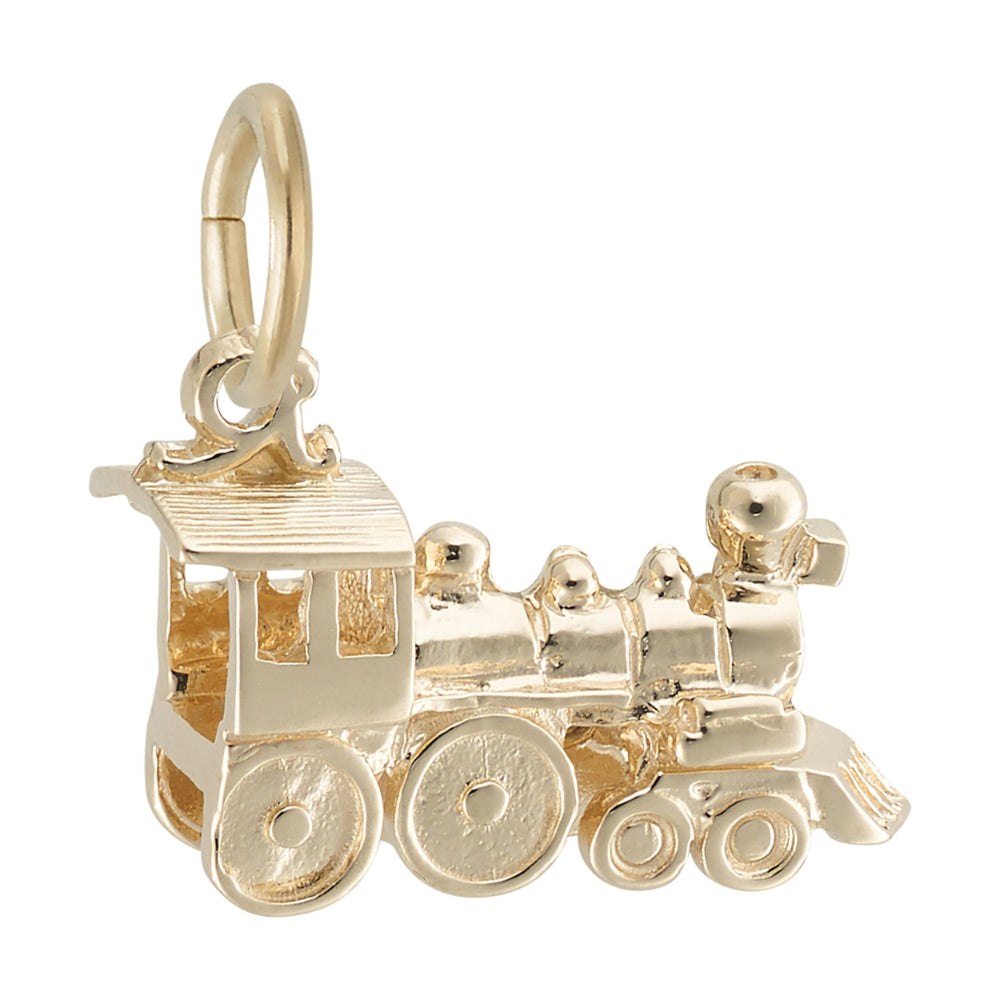 Silver steam locomotive shaped charm, shown facing right on a white background