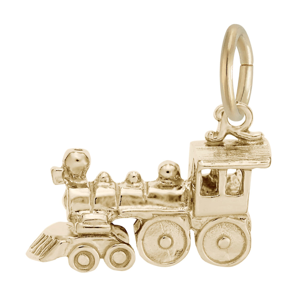 Gold steam locomotive shaped charm, shown facing left on a white background