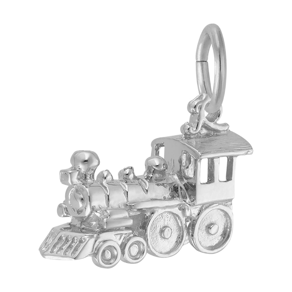 3/4 view of Silver steam locomotive shaped charm, shown on a white background