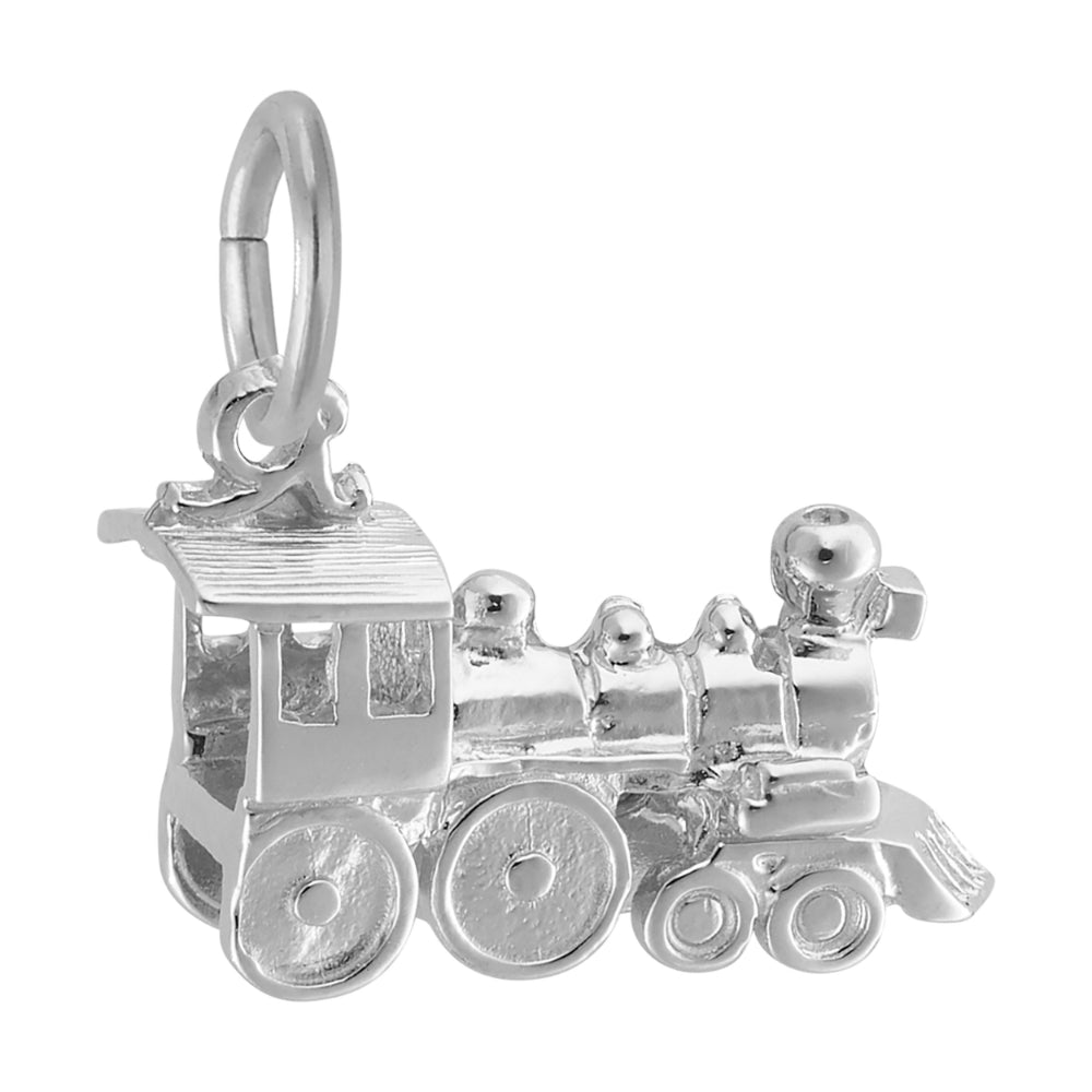 Silver steam locomotive shaped charm, shown facing right on a white background
