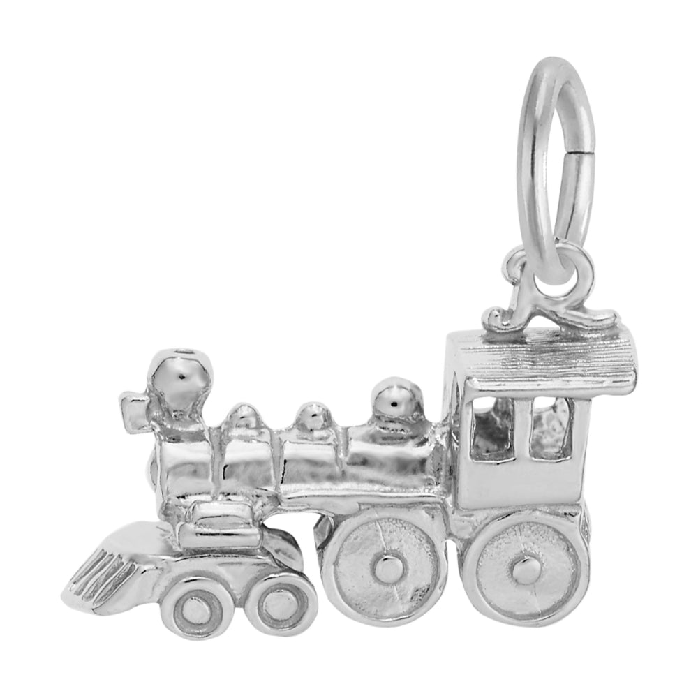 Silver steam locomotive shaped charm, shown facing left on a white background