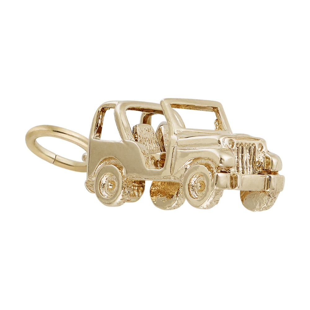 3/4 view of A gold charm shaped like a classic convertible jeep, featuring a detailed open cabin, seats, shown on a white background 