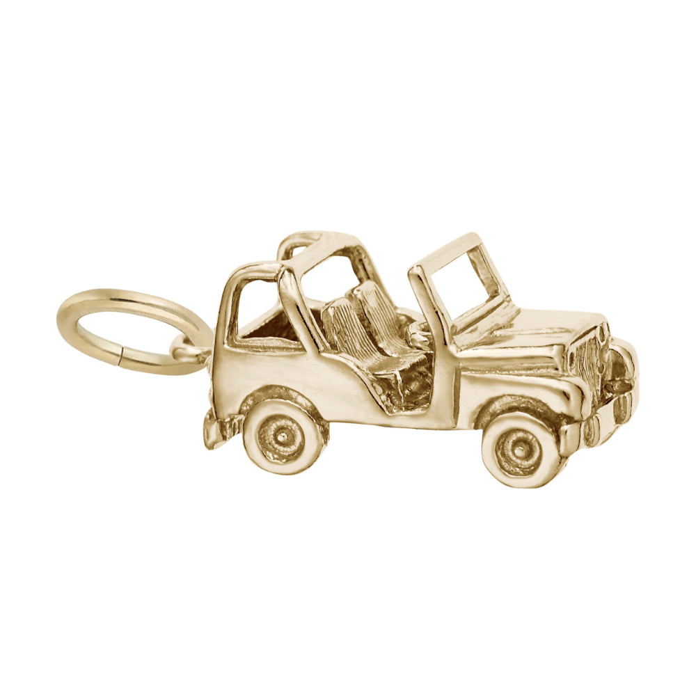 A gold charm shaped like a classic convertible jeep, featuring a detailed open cabin, seats, shown facing right on a plain white background.