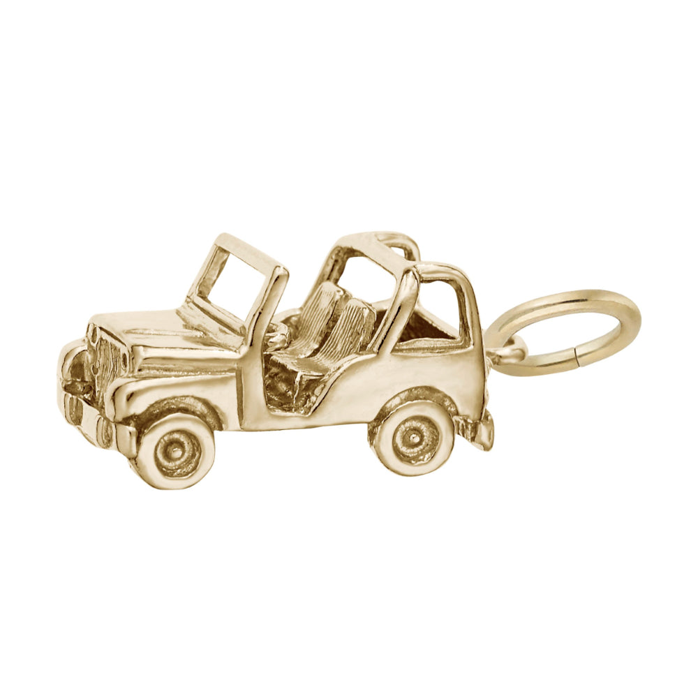 A gold charm shaped like a classic convertible jeep, featuring a detailed open cabin, seats, shown facing left on a plain white background.