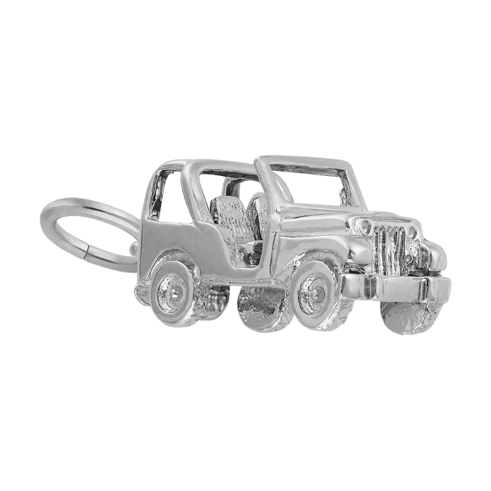 3/4 view of A silver charm shaped like a classic convertible jeep, featuring a detailed open cabin, seats, shown on a white background 