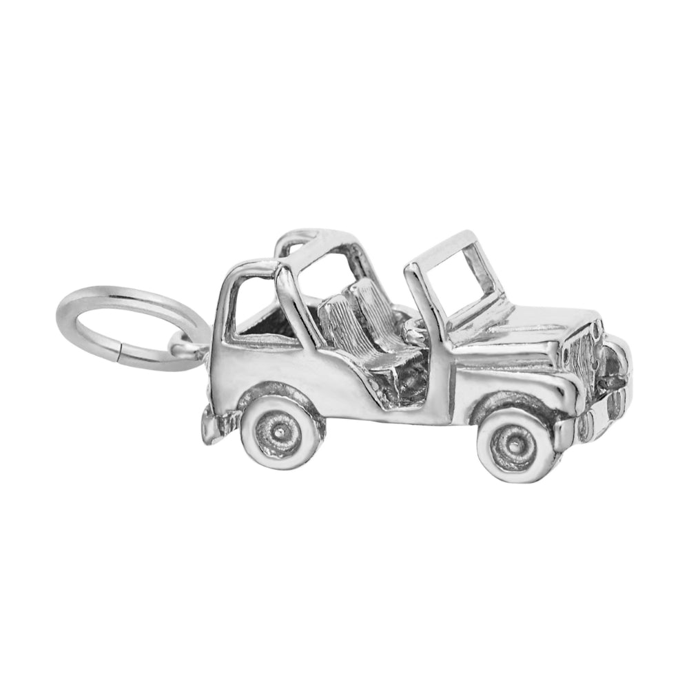 A silver charm shaped like a classic convertible jeep, featuring a detailed open cabin, seats, shown facing right on a plain white background.