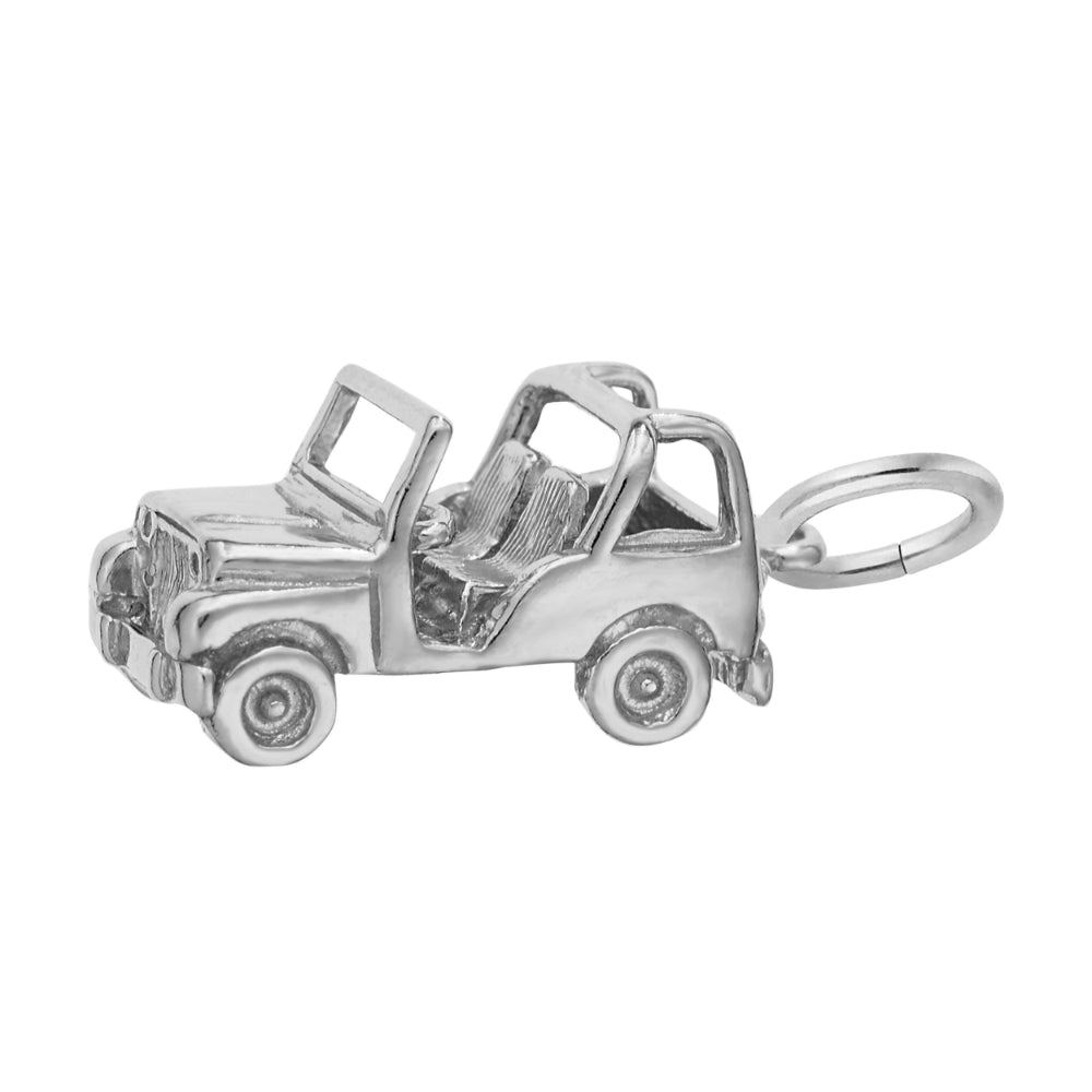 A silver charm shaped like a classic convertible jeep, featuring a detailed open cabin, seats, shown facing left on a plain white background.