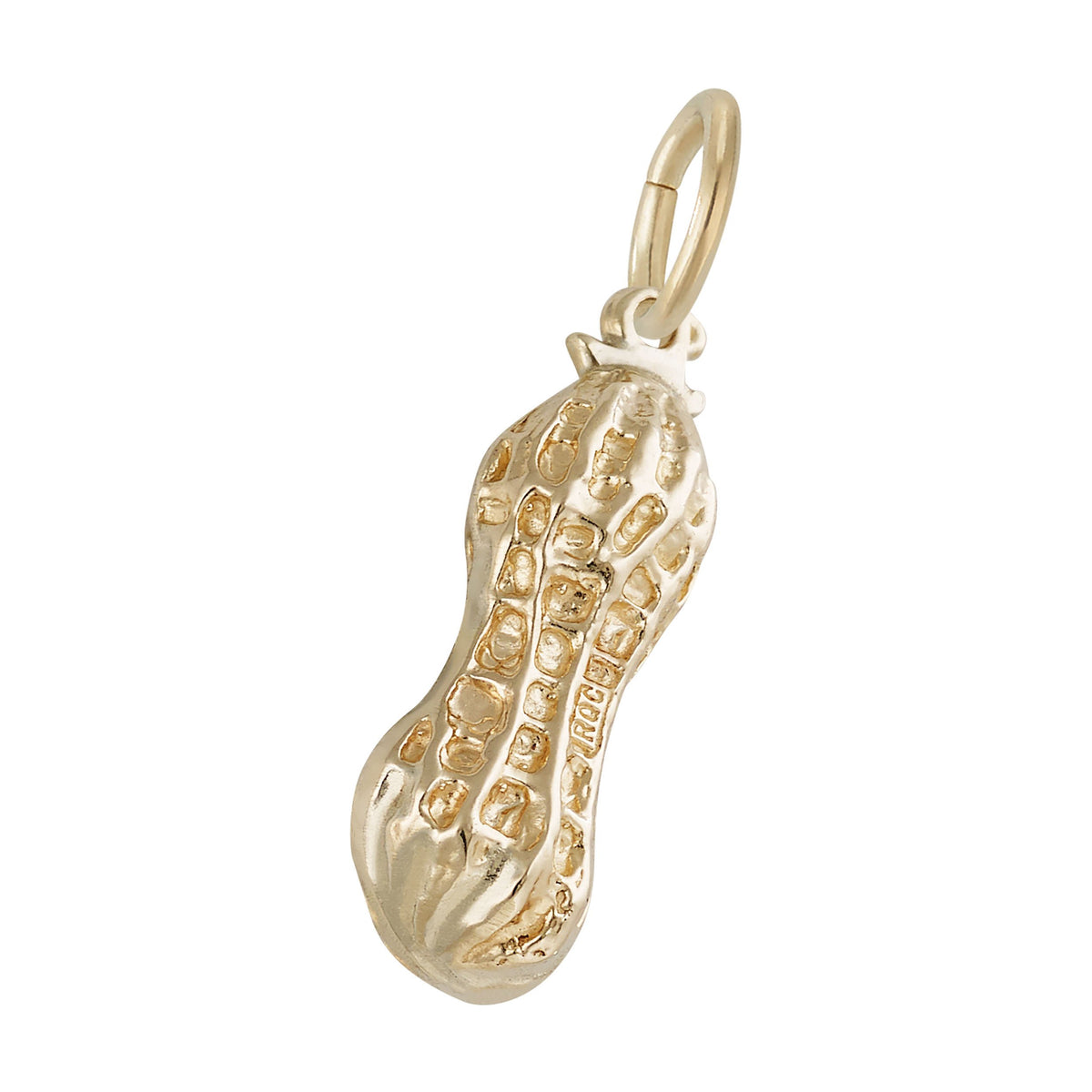 Detailed Gold Peanut shaped charm shown leaning to the right on a white background