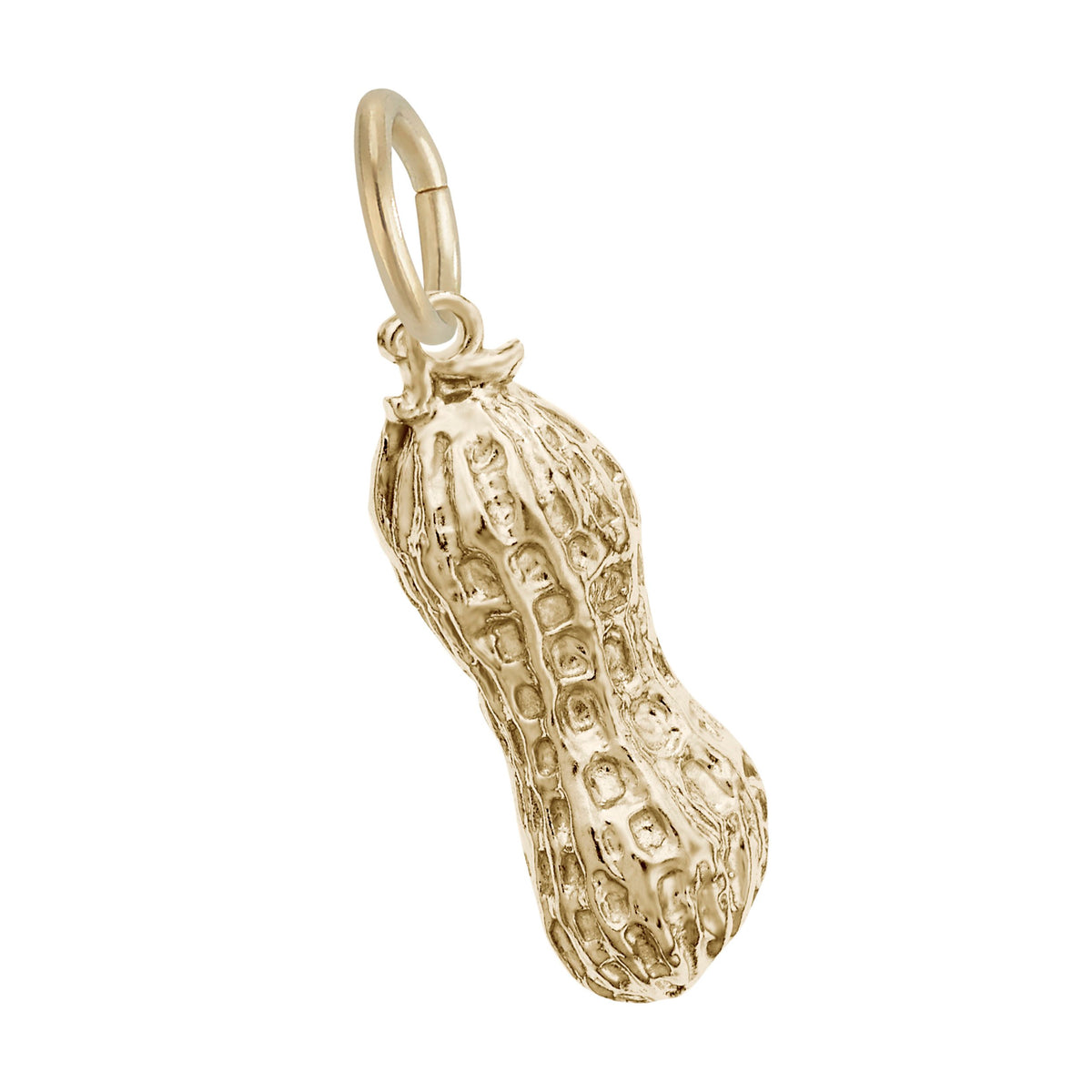 Detailed Gold Peanut shaped charm shown leaning to the left on a white background