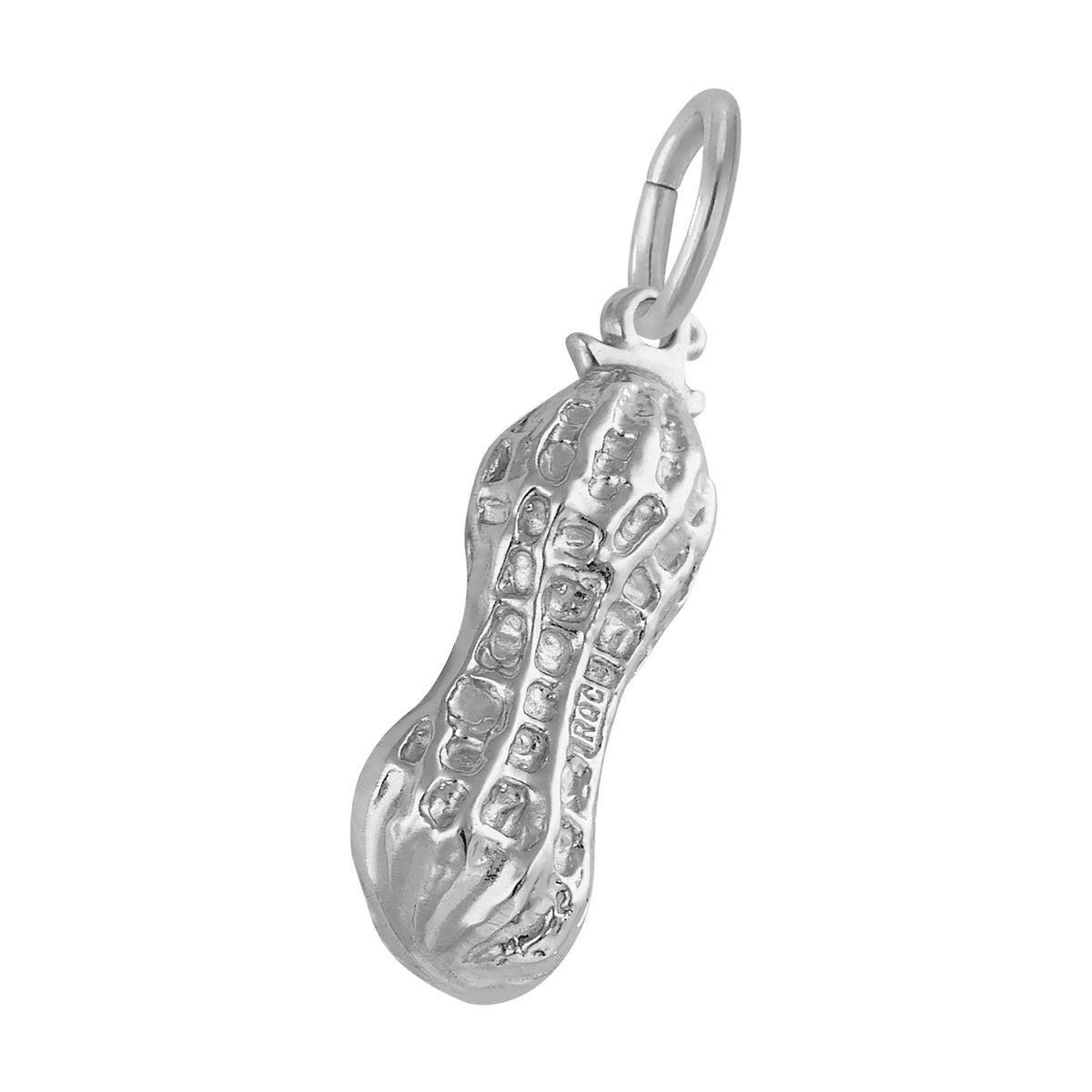 Detailed Silver Peanut shaped charm shown leaning to the right on a white background