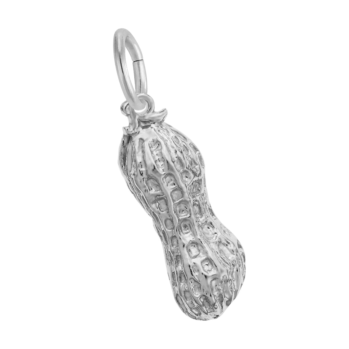 Detailed Silver Peanut shaped charm shown leaning to the left on a white background