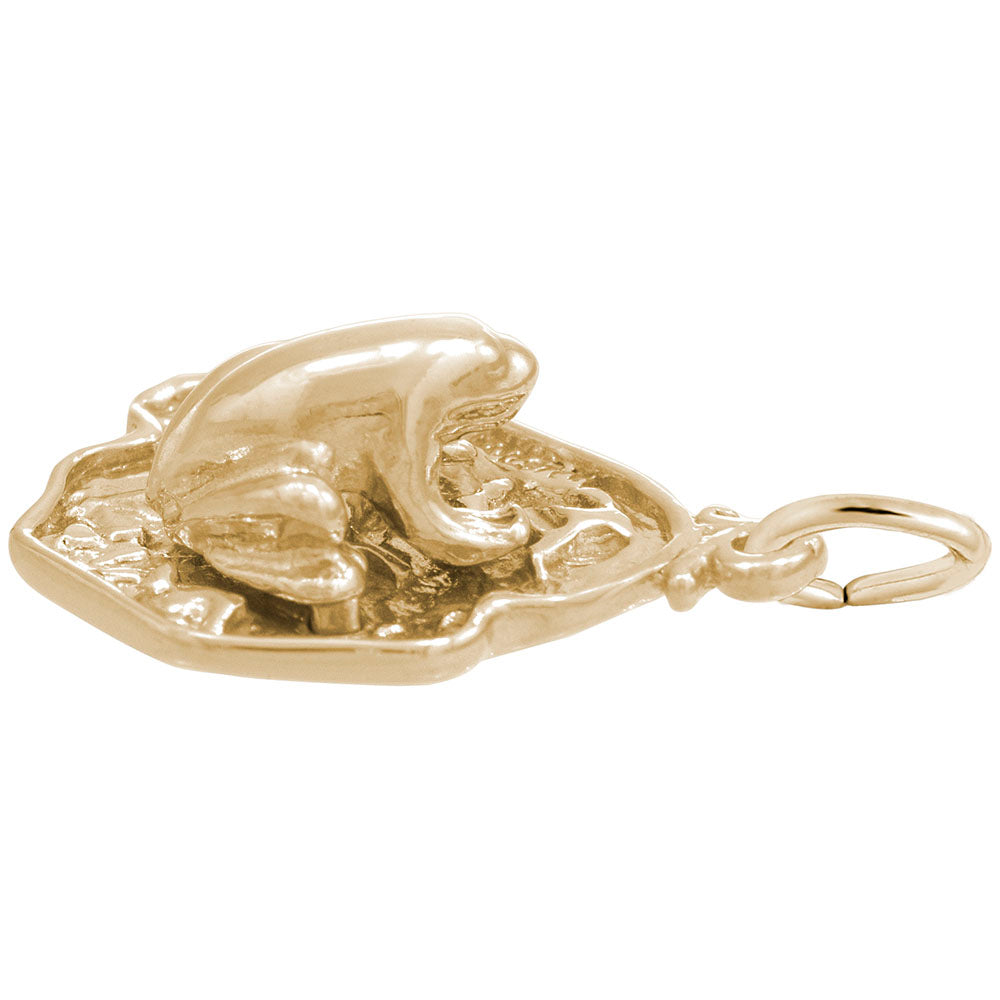 Gold Frog on a detailed lily pad charm, shown on a white background