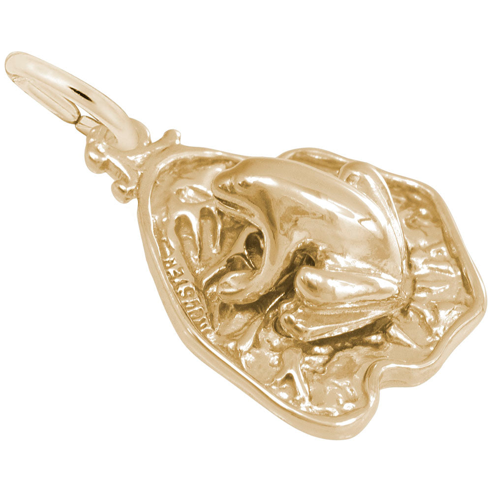 Gold Frog on a detailed lily pad charm, shown on a white background