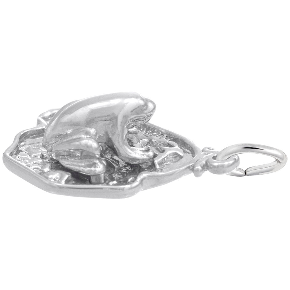 Silver Frog on a detailed lily pad charm, shown on a white background