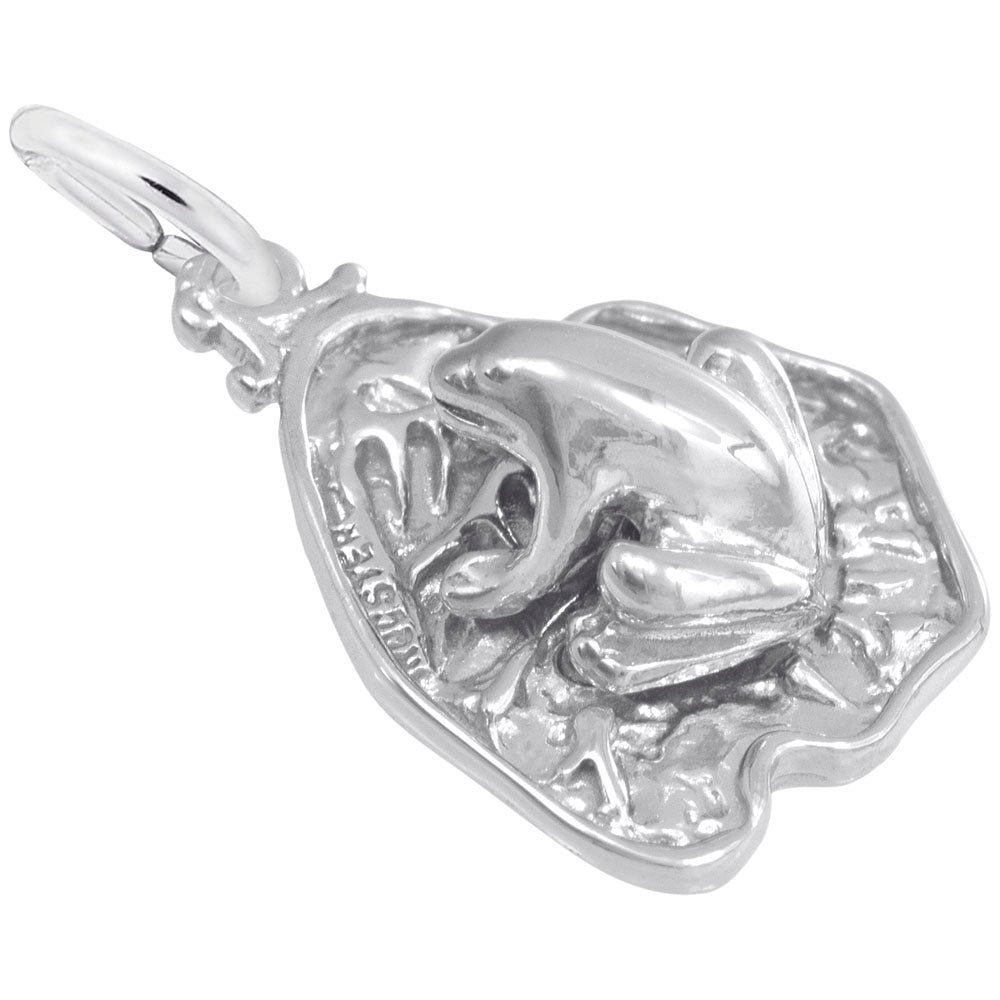 Silver Frog on a detailed lily pad charm, shown on a white background