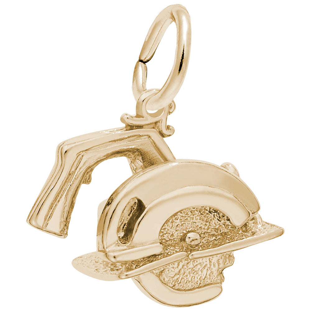 Gold circular saw charm on a white background