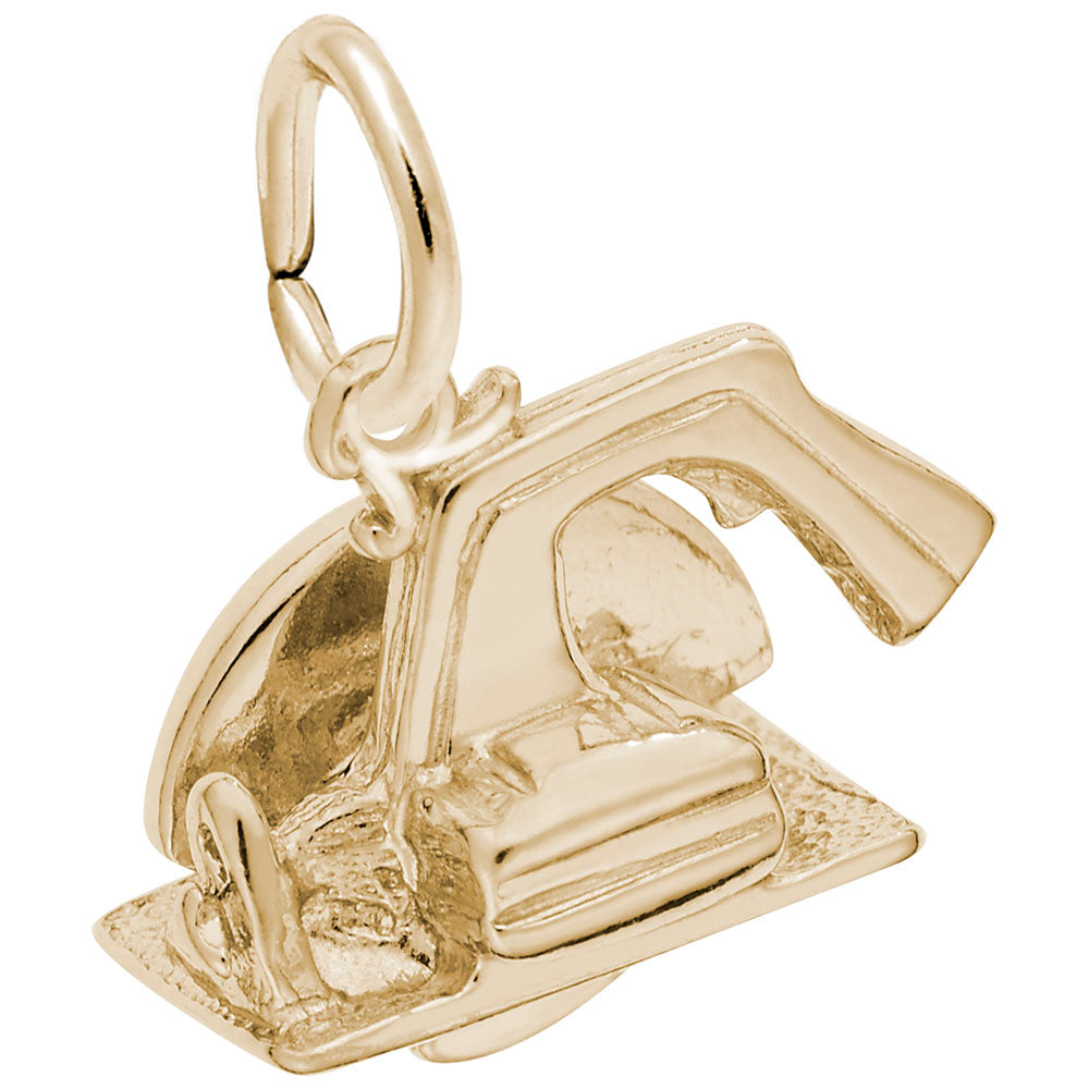 Back of a Gold circular saw charm on a white background