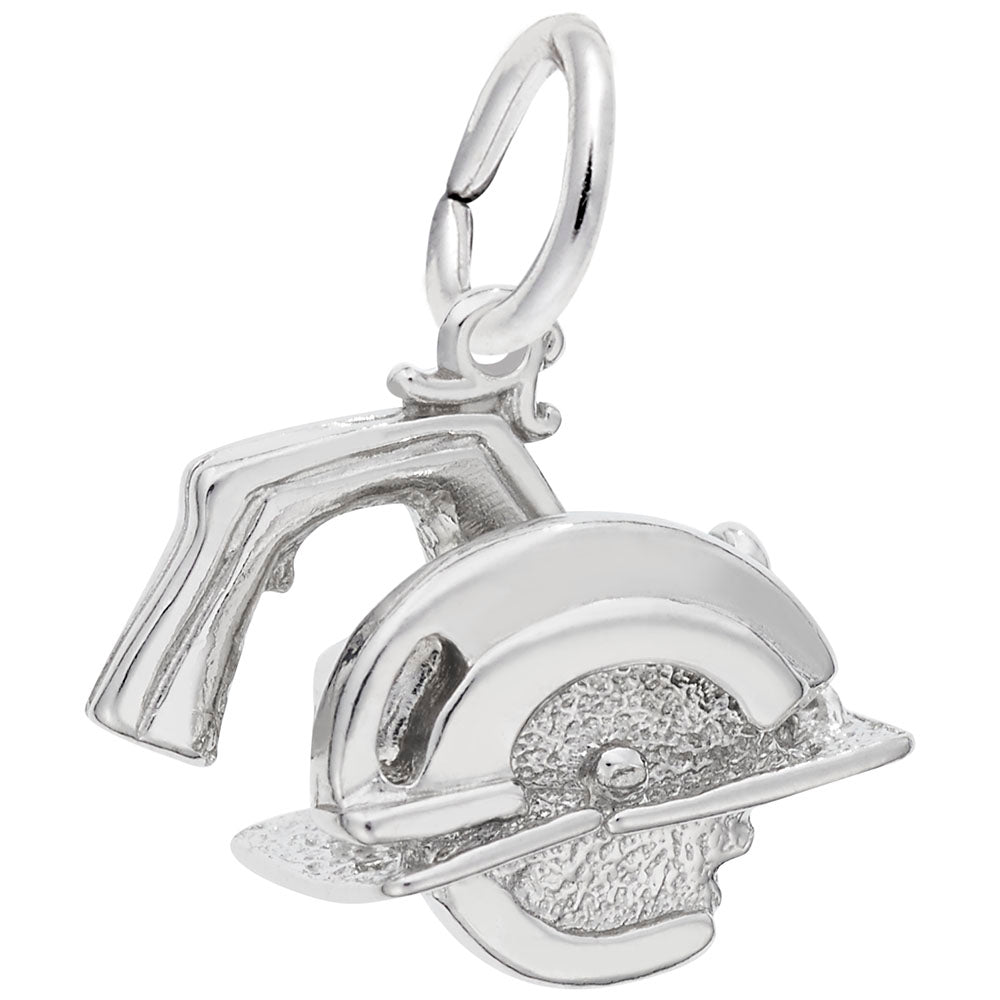 Silver circular saw charm on a white background