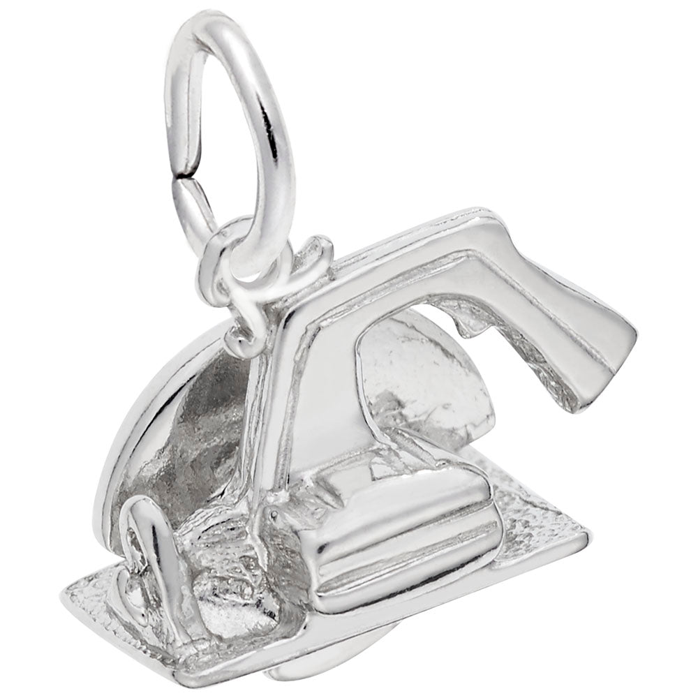 Back of a Silver circular saw charm on a white background