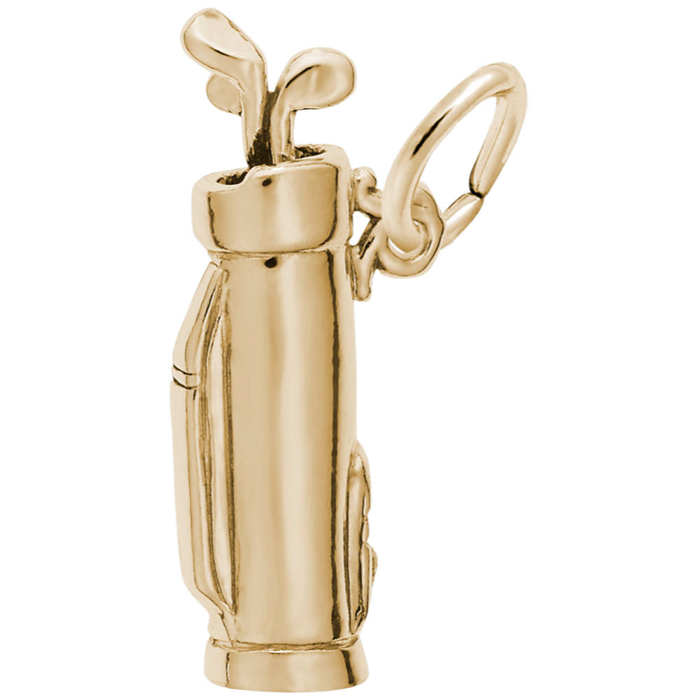 A polished gold golf bag charm with club tops, shown on a plain white background.