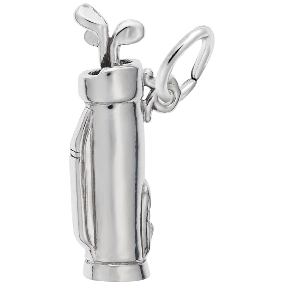 A polished silver golf bag charm with club tops, shown on a plain white background.