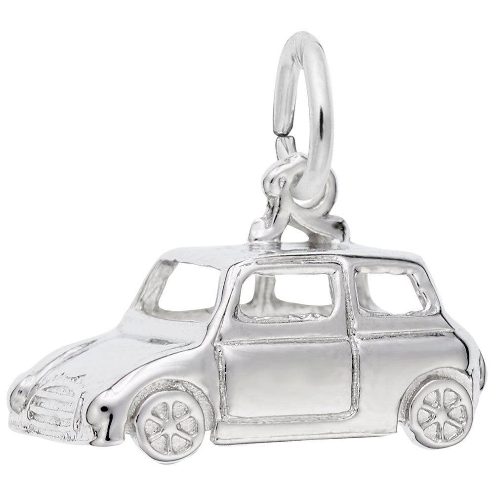 Silver Classic British Car shaped charm on a white background