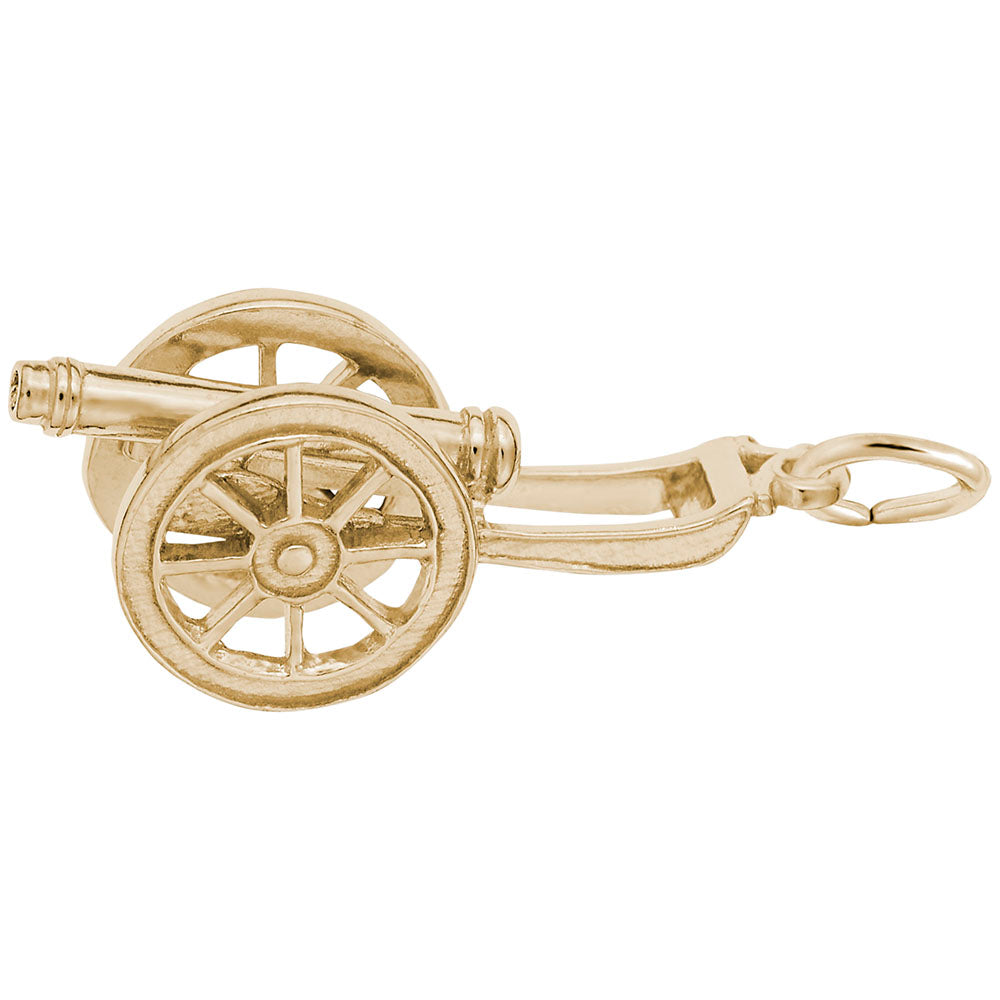 Gold cannon charm, shown on  a white background